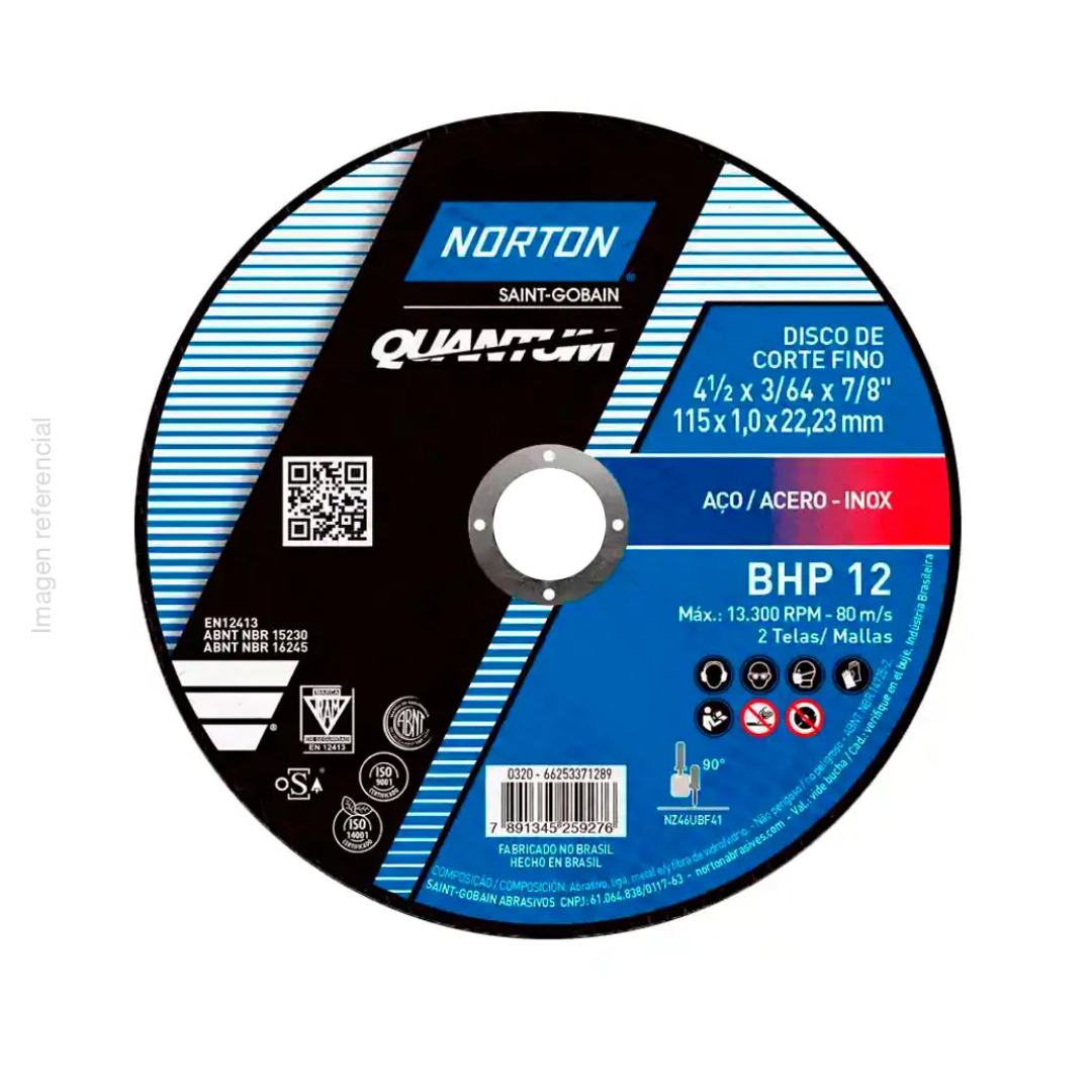 DISCO DE CORTE FINO BHP12 ACERO - INOX 4 1/2" X 1/16" X 7/8" - NORTON