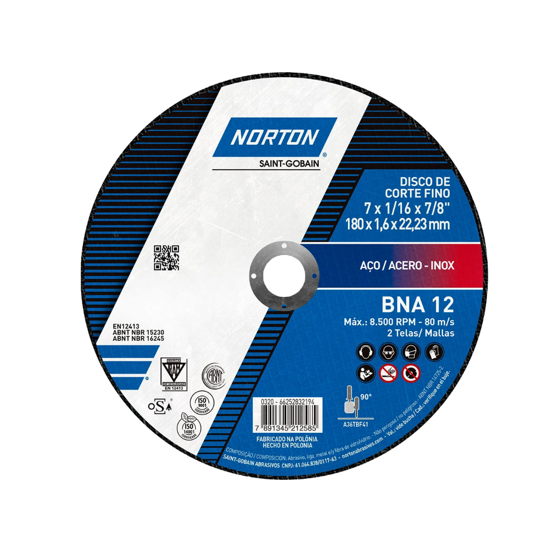 DISCO DE CORTE FINO BNA12 ACERO - INOX 7" X 1/16" X 7/8" - NORTON
