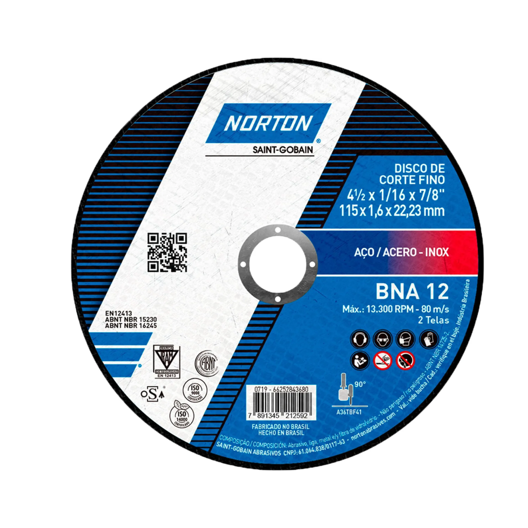 DISCO DE CORTE FINO BNA12 ACERO - INOX 4 1/2" X 1/16" X 7/8" - NORTON